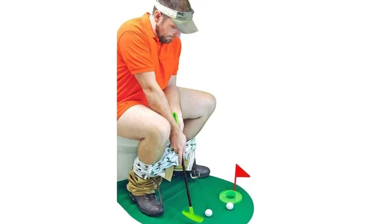 Toilet Time Golf game makes bathroom breaks fun with its mini-golf challenges, perfect for passing the time while on the throne