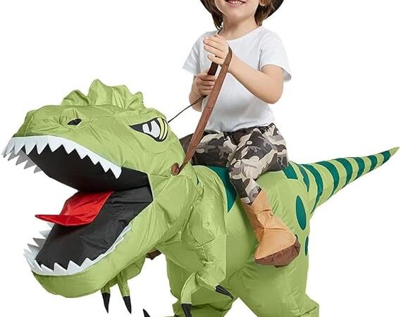 An inflatable dinosaur costume, featuring a rider on a T-Rex, provides hilarious entertainment and is perfect for parties or fun event